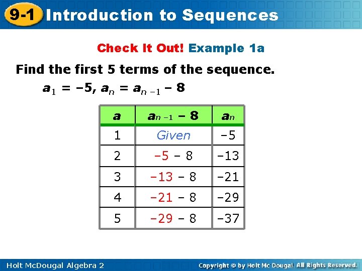 9 -1 Introduction to Sequences Check It Out! Example 1 a Find the first