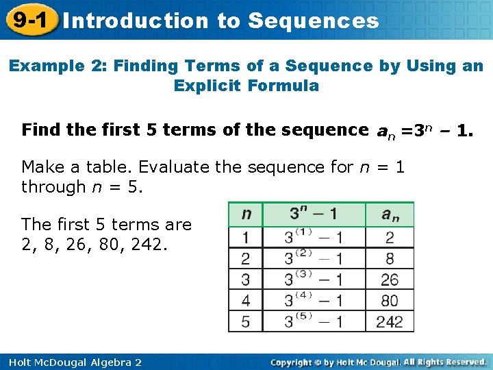 9 -1 Introduction to Sequences Example 2: Finding Terms of a Sequence by Using