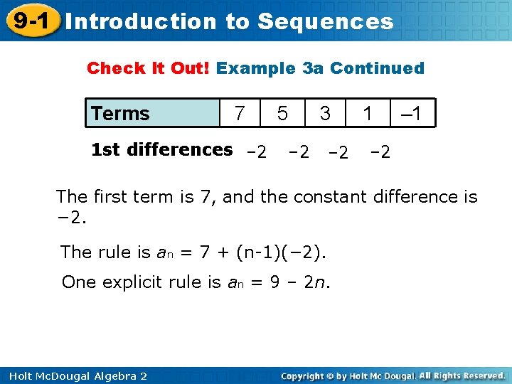 9 -1 Introduction to Sequences Check It Out! Example 3 a Continued Terms 7