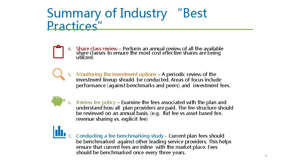 Summary of Industry “Best Practices” 4. Share class review – Perform an annual review