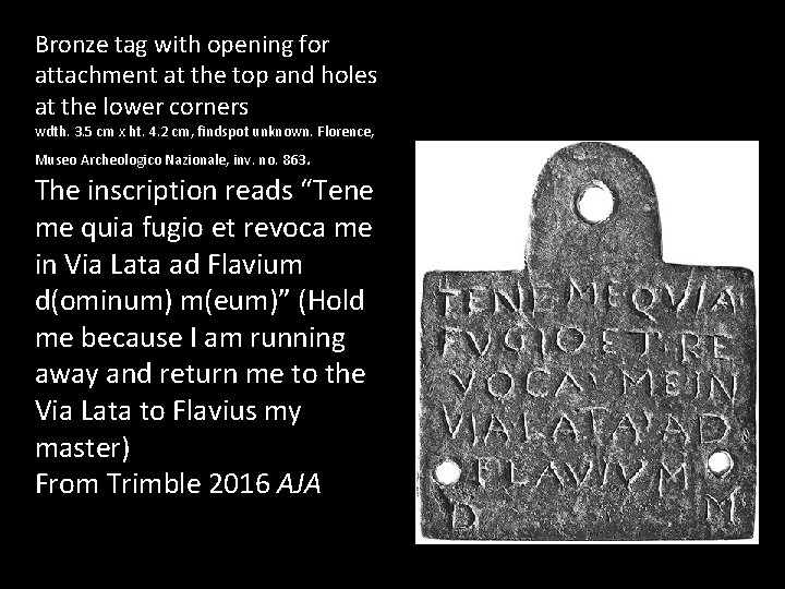 Bronze tag with opening for attachment at the top and holes at the lower