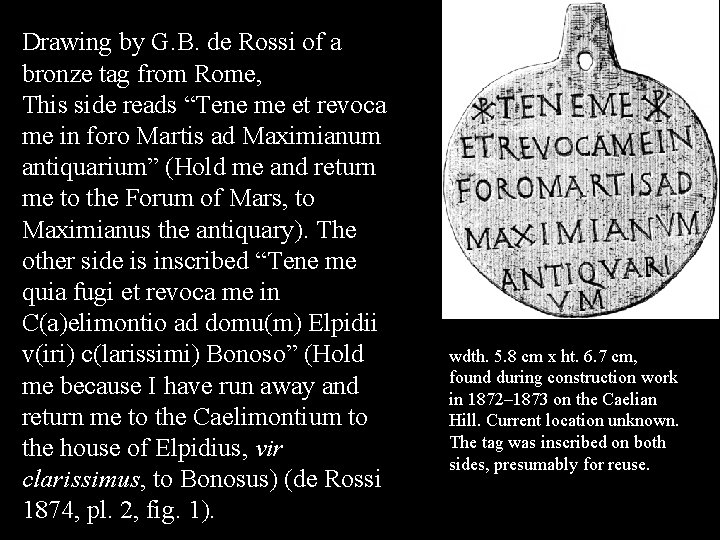 Drawing by G. B. de Rossi of a bronze tag from Rome, This side