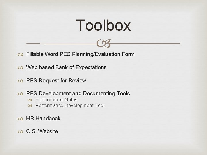 Toolbox Fillable Word PES Planning/Evaluation Form Web based Bank of Expectations PES Request for Toolbox Fillable Word PES Planning/Evaluation Form Web based Bank of Expectations PES Request for
