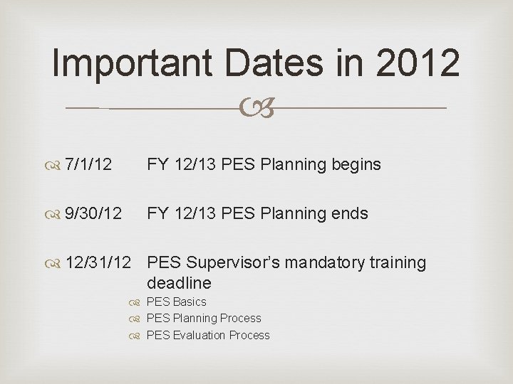 Important Dates in 2012 7/1/12 FY 12/13 PES Planning begins 9/30/12 FY 12/13 PES Important Dates in 2012 7/1/12 FY 12/13 PES Planning begins 9/30/12 FY 12/13 PES