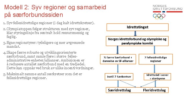 Modell 2: Syv regioner og samarbeid på særforbundssiden 1. Syv fellesidrettslige regioner (i dag