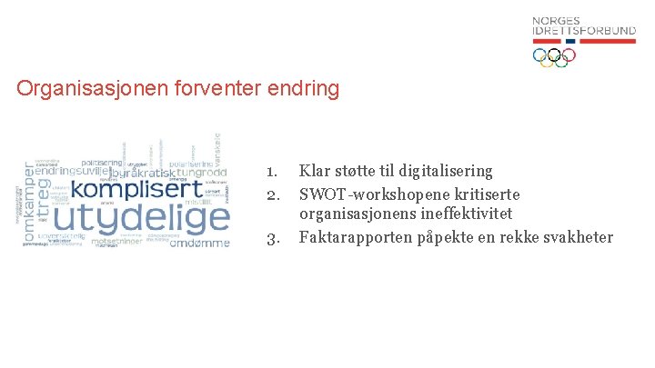 Organisasjonen forventer endring 1. 2. 3. Klar støtte til digitalisering SWOT-workshopene kritiserte organisasjonens ineffektivitet