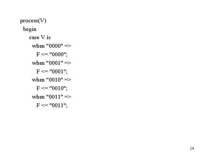  process(V) begin case V is when "0000" => F <= "0000"; when "0001"