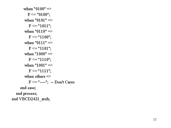  when "0100" => F <= "0100"; when "0101" => F <= "1011"; when