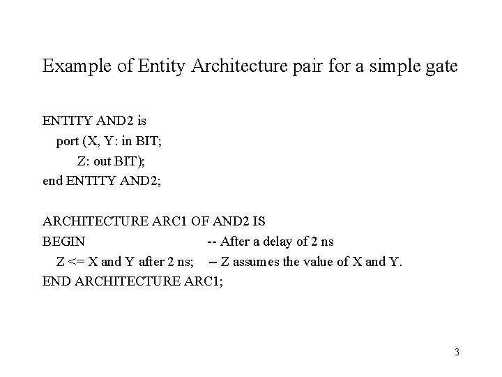 Example of Entity Architecture pair for a simple gate ENTITY AND 2 is port