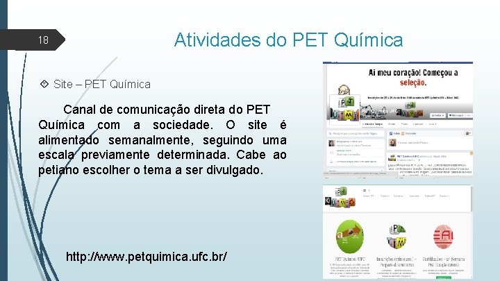 Atividades do PET Química 18 Site – PET Química Canal de comunicação direta do