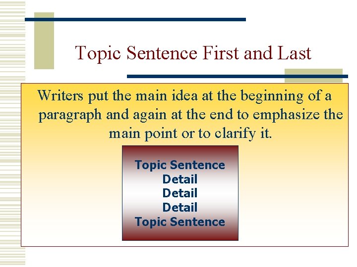 Topic Sentence First and Last Writers put the main idea at the beginning of