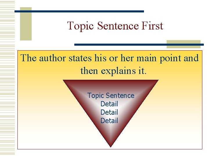 Topic Sentence First The author states his or her main point and then explains