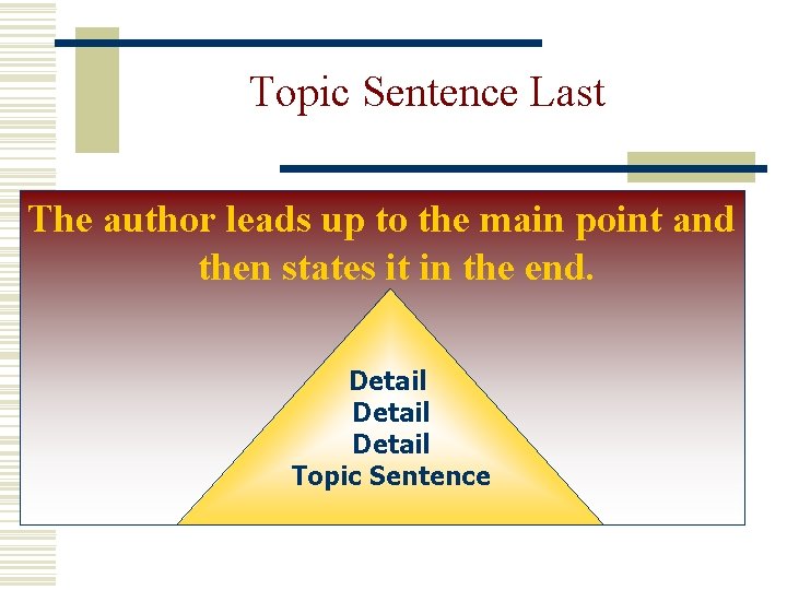 Topic Sentence Last The author leads up to the main point and then states