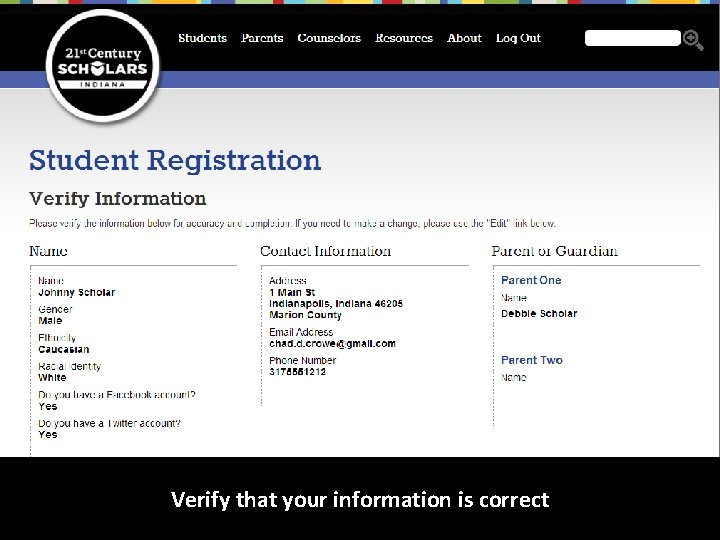 Verify that your information is correct 