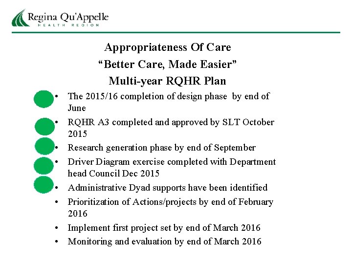 Appropriateness Of Care “Better Care, Made Easier” Multi-year RQHR Plan • The 2015/16 completion