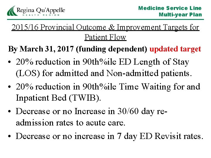 Medicine Service Line Multi-year Plan 2015/16 Provincial Outcome & Improvement Targets for Patient Flow