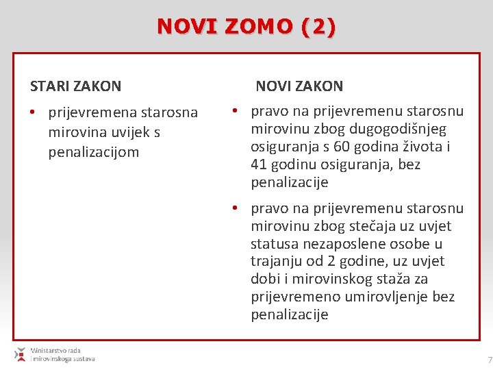 NOVI ZOMO (2) STARI ZAKON • prijevremena starosna mirovina uvijek s penalizacijom NOVI ZAKON