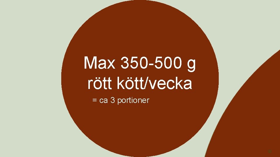 Max 350 -500 g rött kött/vecka = ca 3 portioner 32 