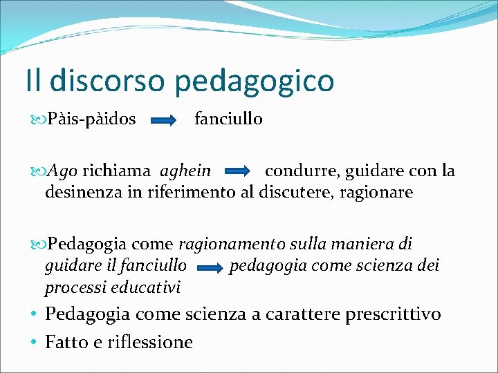 Il discorso pedagogico Pàis-pàidos fanciullo Ago richiama aghein condurre, guidare con la desinenza in