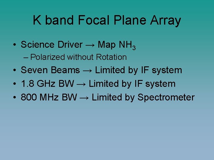 K band Focal Plane Array • Science Driver → Map NH 3 – Polarized