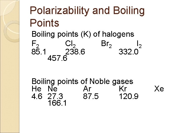 Polarizability and Boiling Points Boiling points (K) of halogens F 2 Cl 2 Br