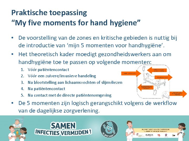 Praktische toepassing “My five moments for hand hygiene” • De voorstelling van de zones