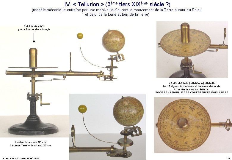 IV. « Tellurion » (3ème tiers XIXème siècle ? ) (modèle mécanique entraîné par IV. « Tellurion » (3ème tiers XIXème siècle ? ) (modèle mécanique entraîné par