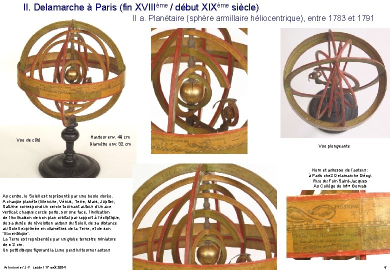 II. Delamarche à Paris (fin XVIIIème / début XIXème siècle) II a. Planétaire (sphère II. Delamarche à Paris (fin XVIIIème / début XIXème siècle) II a. Planétaire (sphère