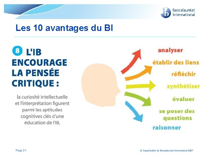 Les 10 avantages du BI Page 21 © Organisation du Baccalauréat International 2007 