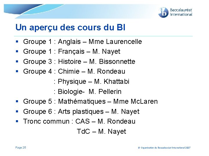 Un aperçu des cours du BI § Groupe 1 : Anglais – Mme Laurencelle