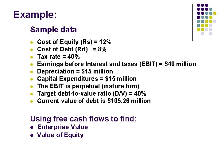 Example: Sample data l l l l l Cost of Equity (Rs) = 12%