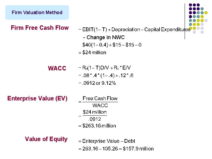 Firm Valuation Method Firm Free Cash Flow - Change in NWC WACC Enterprise Value