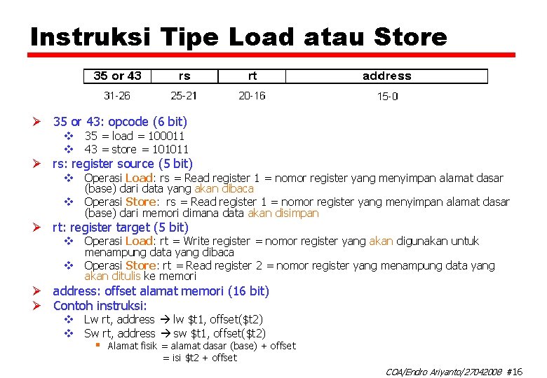 Instruksi Tipe Load atau Store Ø 35 or 43: opcode (6 bit) v 35