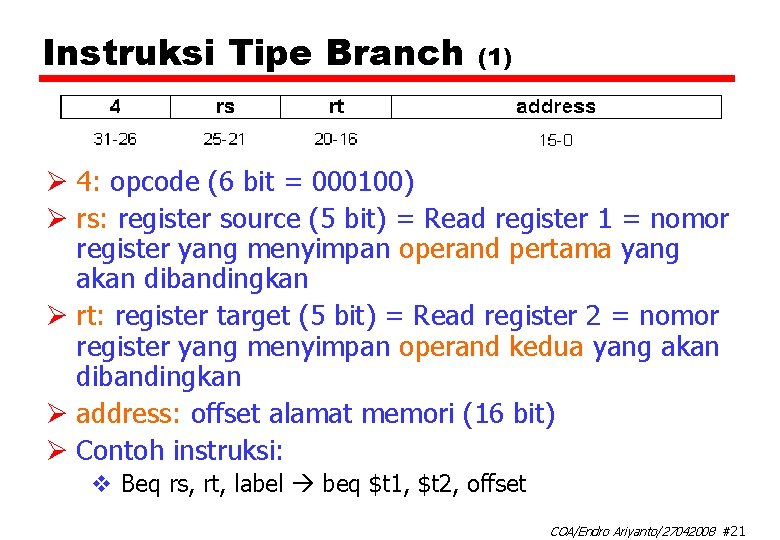 Instruksi Tipe Branch (1) Ø 4: opcode (6 bit = 000100) Ø rs: register