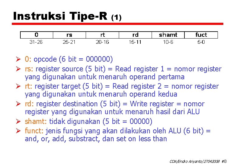 Instruksi Tipe-R (1) Ø 0: opcode (6 bit = 000000) Ø rs: register source