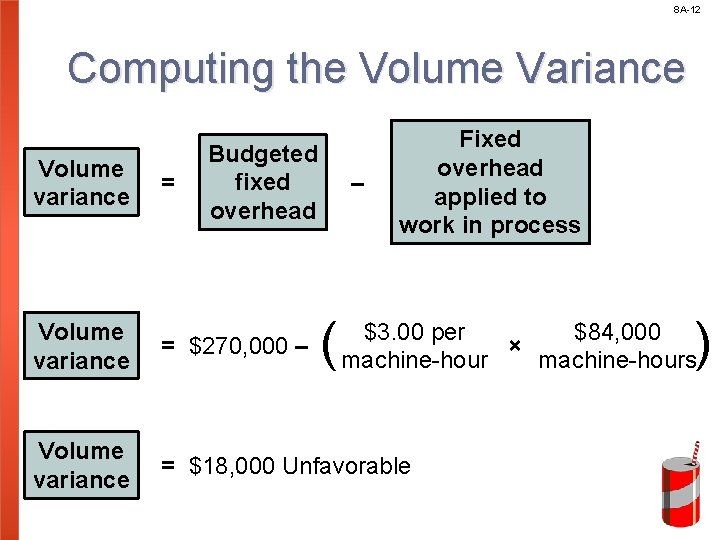 8 A-12 Computing the Volume Variance Volume variance = Budgeted fixed overhead – (