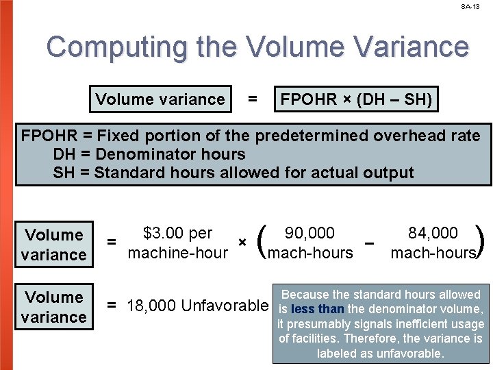 8 A-13 Computing the Volume Variance Volume variance = FPOHR × (DH – SH)