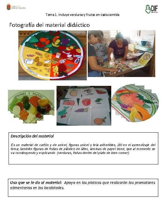 Tema 1. Incluye verduras y frutas en cada comida Fotografía del material didáctico Descripción