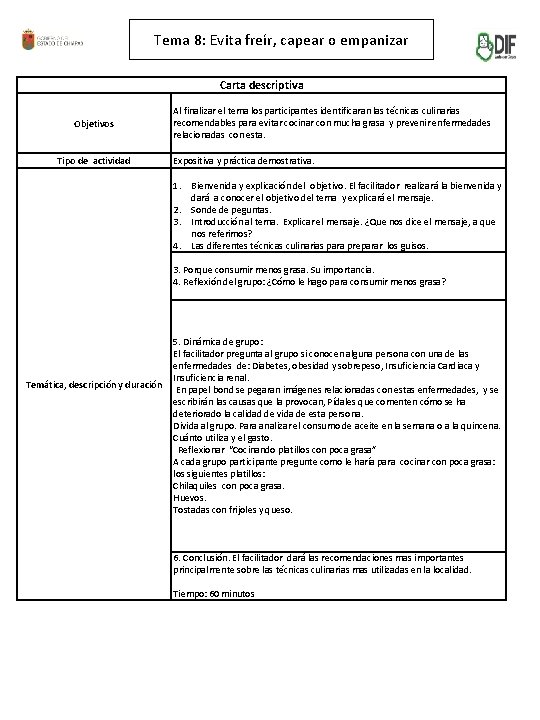 Tema 8: Evita freír, capear o empanizar Carta descriptiva Objetivos Tipo de actividad Al