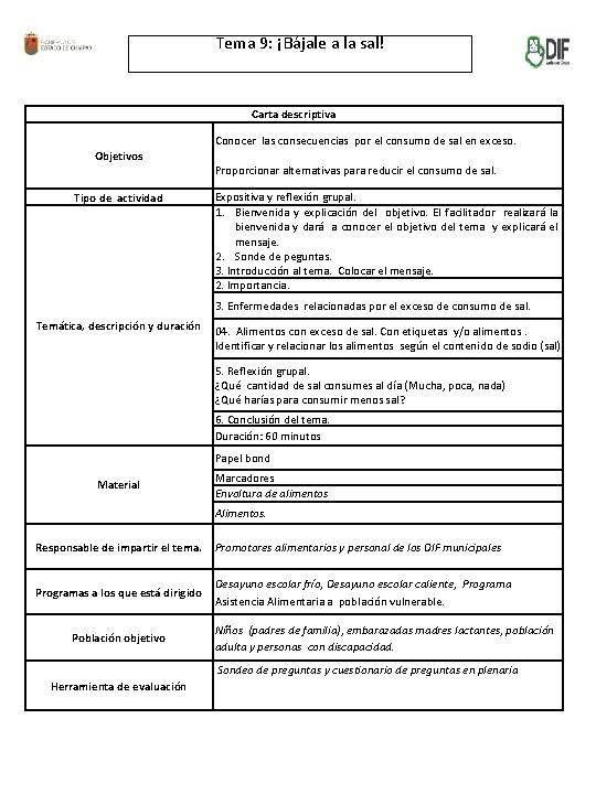 Tema 9: ¡Bájale a la sal! Carta descriptiva Objetivos Tipo de actividad Conocer las