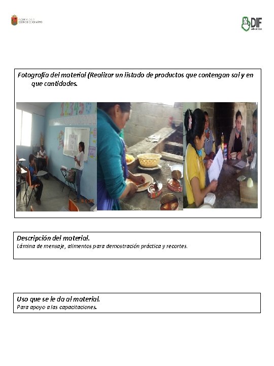 Fotografía del material (Realizar un listado de productos que contengan sal y en que
