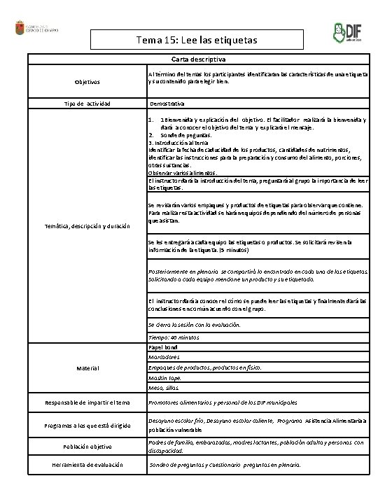 Tema 15: Lee las etiquetas Carta descriptiva Objetivos Tipo de actividad Al término del