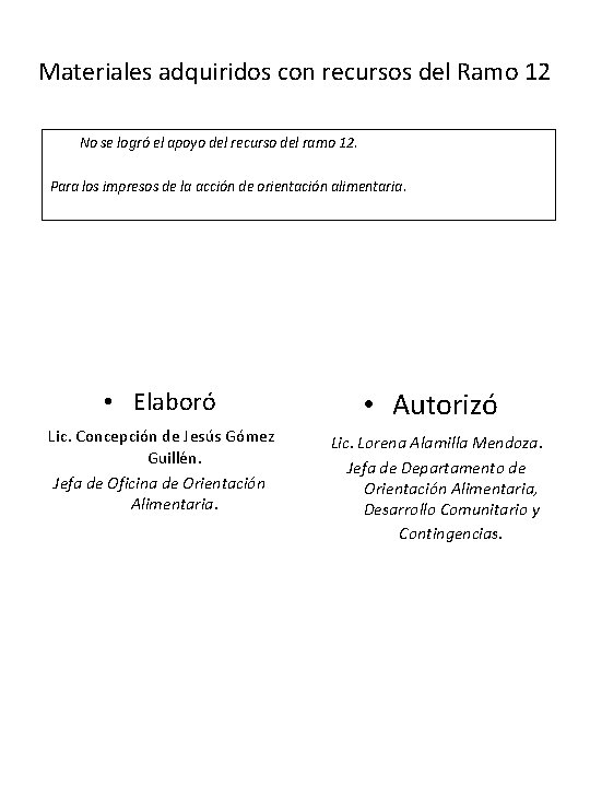 Materiales adquiridos con recursos del Ramo 12 No se logró el apoyo del recurso