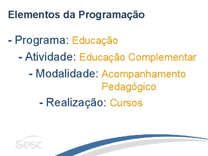 Elementos da Programação - Programa: Educação - Atividade: Educação Complementar - Modalidade: Acompanhamento Pedagógico