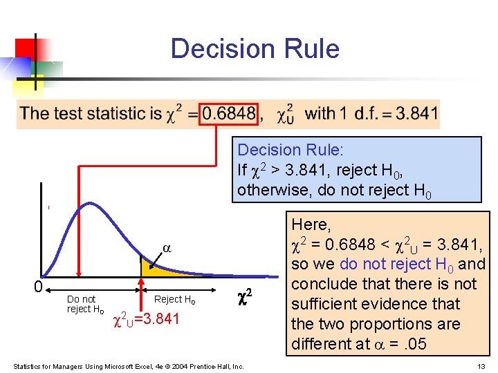 Decision Rule: If 2 > 3. 841, reject H 0, otherwise, do not reject Decision Rule: If 2 > 3. 841, reject H 0, otherwise, do not reject