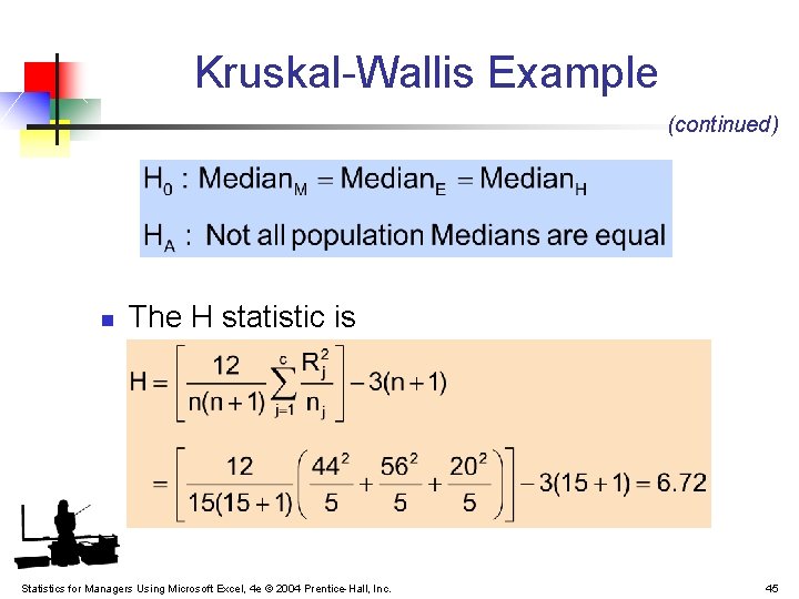 Kruskal-Wallis Example (continued) n The H statistic is Statistics for Managers Using Microsoft Excel, Kruskal-Wallis Example (continued) n The H statistic is Statistics for Managers Using Microsoft Excel,