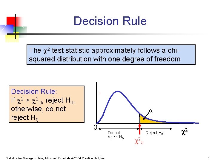 Decision Rule The 2 test statistic approximately follows a chisquared distribution with one degree Decision Rule The 2 test statistic approximately follows a chisquared distribution with one degree