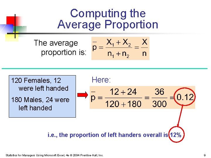 Computing the Average Proportion The average proportion is: 120 Females, 12 were left handed Computing the Average Proportion The average proportion is: 120 Females, 12 were left handed
