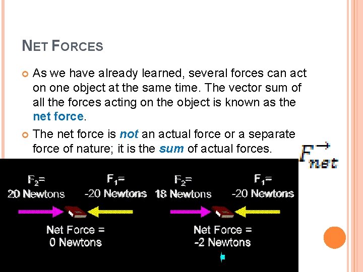 NET FORCES As we have already learned, several forces can act on one object NET FORCES As we have already learned, several forces can act on one object