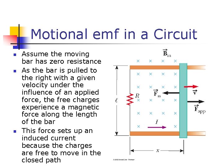 Motional emf in a Circuit n n n Assume the moving bar has zero